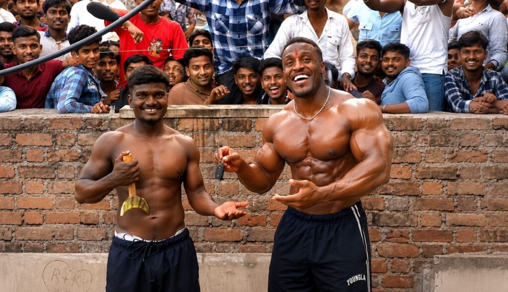 Yogendra Kushwaha also created several fitness videos alongside his foreign friend, Ashton Hall. The people present at the scene appeared quite enthusiastic as they watched the duo producing exercise and fitness content together. A large number of villagers had gathered to watch them, standing in the background and observing the video shoot. Many young people felt inspired by them and expressed their desire to create fitness content just like them. The villagers' delight at seeing a foreign creator in their midst was palpable, and everyone was eager to take photos and videos with Ashton Hall.